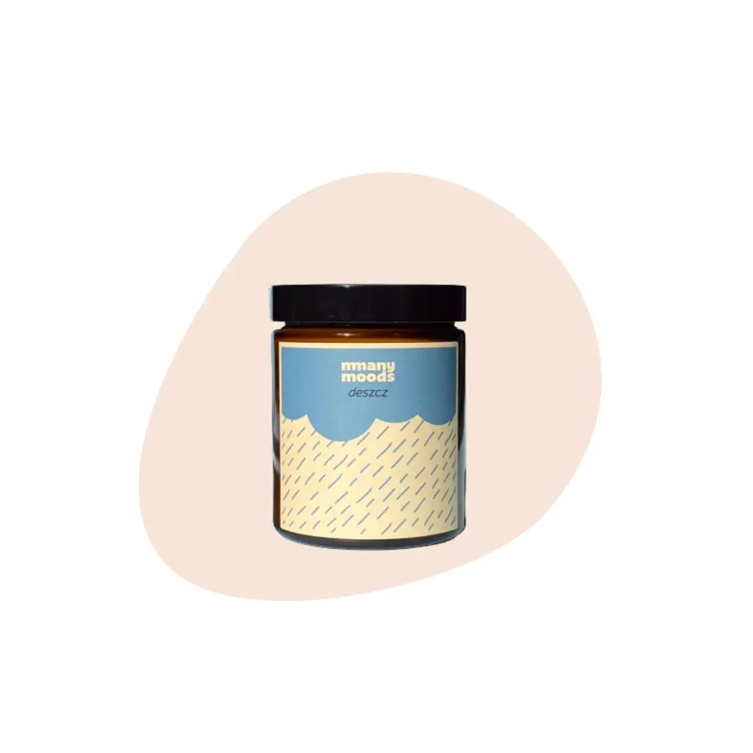 Świeca sojowa Deszcz (150g) drzewo sandałowe, bursztyn, tonka, piżmo